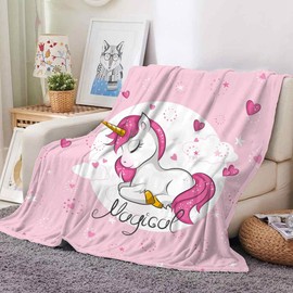 Unicorn Cuddly Blanket, Pink Unicorn Cuddly Blankets, Soft Flannel Soft Fleece Blanket for Girls, Children's Cuddly Blanket, Microfibre Couch Blanket, Unicorn Blanket Gifts (130 x 150 cm, Pink Love