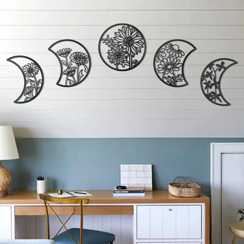 OYEFLY 5 Pieces Metal Moon Phase Wall Decor,Black Boho Moon
