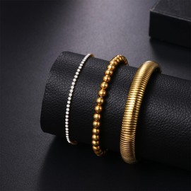 OIDEA Women's Tennis Bracelet Gold: Set of 3 Tennis Bracelet with Zirconia & Elastic Ball Chain & Wide Bangle Made of Stainless Steel Fashion Jewellery Gift for Women Girls Mother Girlfriend,