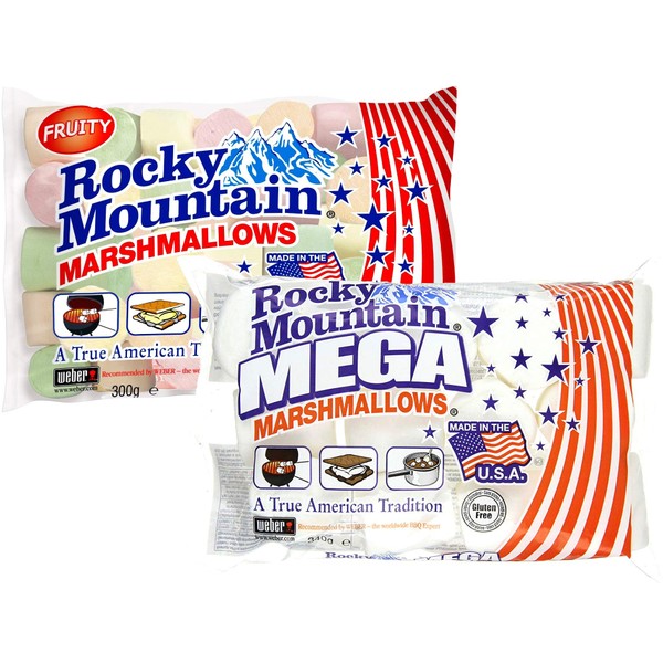 Rocky Mountain Marshmallows Tasting Set Fruity & Mega, des bonbons américains traditionnels colorés à rôtir sur un feu de camp, à griller ou à cuire, au goût de fruits, (1x300g, 1x340g)