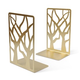 Bookends Heavy Duty High end Midcentury Modern Decorative Shelf Decor Thin Minimal Aesthetic Metal Book Ends Tree NonSkid Book Stoppers Gold Designer Quality Holder Minimal