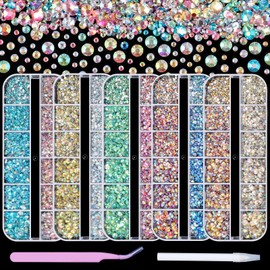 Sinyanail 12780pcs Multicolor Nail Art Rhinestones Kit 2-6mm Mix Crystals AB Flatback Jelly Mermaid Pearl Rhinestones Stones Gems with Pick Up Pen and Curved Tweezer (5 Box-Laser)