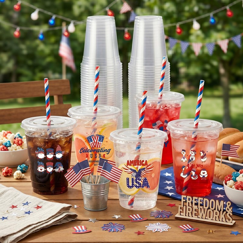 100 Sets 4th of July Party Cups with Lids and