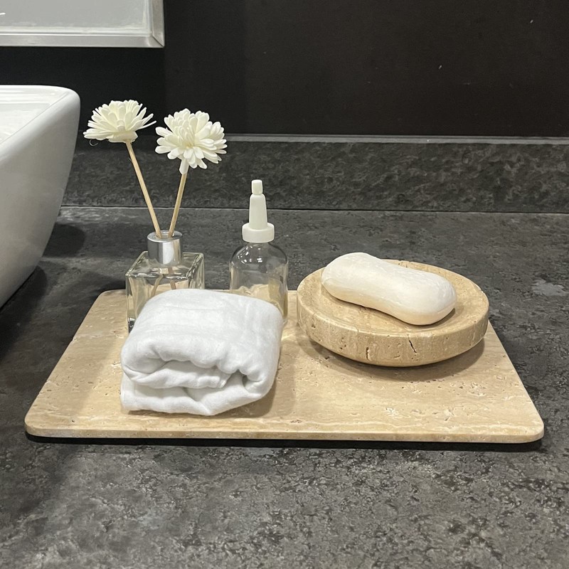 StonePlus Natural Marble Beige Travertine Tray, Pastry Cheese Tray, Dessert