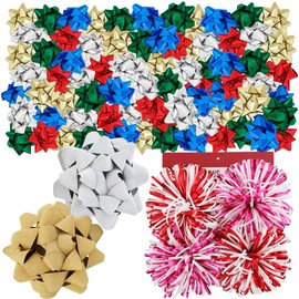Christmas Bow Assortment Pack (81 Bows: Red, Gold, Green, Silver, Blue) Includes 2-7" Jumbo Bows 4-Beautiful Fountain Bowsfor Christmas, Hanukkah, Birthdays, Presents