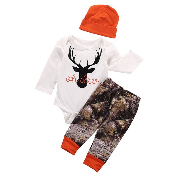 Shejingb Newborn Baby Boys Long Sleeve Letters Deer Romper Bodysuit Tops Camo Pants with Hat 3 Pcs Outfit Clothes Set (0-3 Months, Orange)