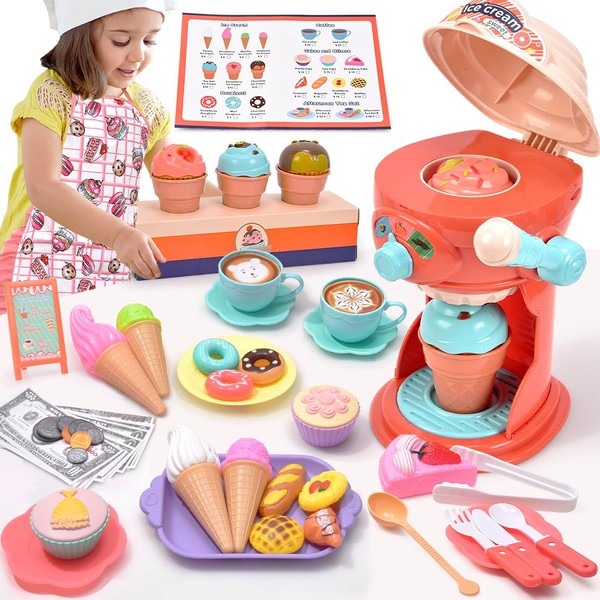 G.C 61Pcs Ice Cream Play Set Toy Kids Toddlers Pretend Play Ice Cream Maker Shop Counter Apron Scoop Dessert Food Kitchen Accessories Playset Girls Boys Birthday Gifts for 3 4 5 6 Years Old