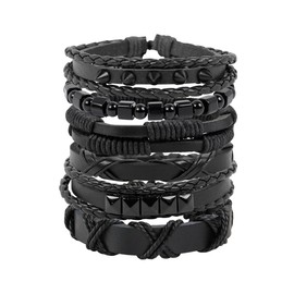 Manfnee 6pcs Braided Leather Bracelet for Men Women Wooden Beads Cuff Wrap Bracelet Adjustable, Faux Leather Zinc, No gemstone