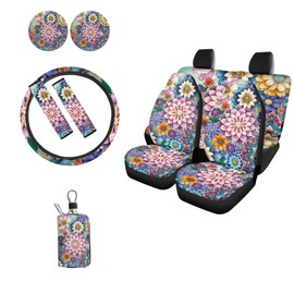 Jeiento Boho Mandala Flowers Car Seat Protectors Full Set of 10,Ethnic Style Front Bucket Seat Protectors Split Rear Bench Decorative Cover with Seat Belt Cover + Keychains + Automotive Cup Holders