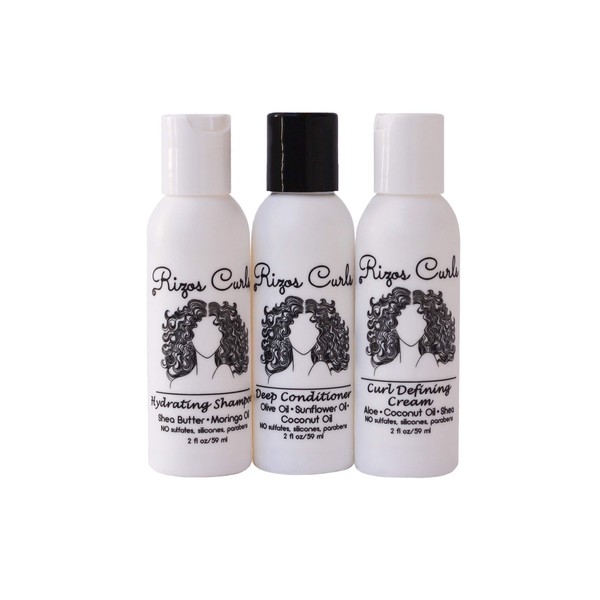 Rizos Curls Trio Travel Kit for Curly Hair: Curl Defining Cream, Shampoo, Conditioner (2 fl oz each)