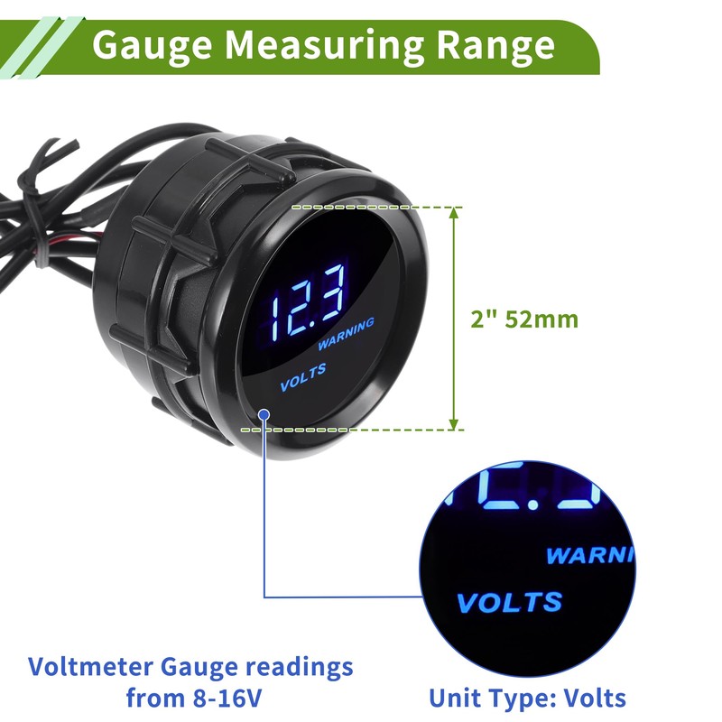 VekAuto 2" 52mm DC 12V Voltage Gauge Blue Light LED
