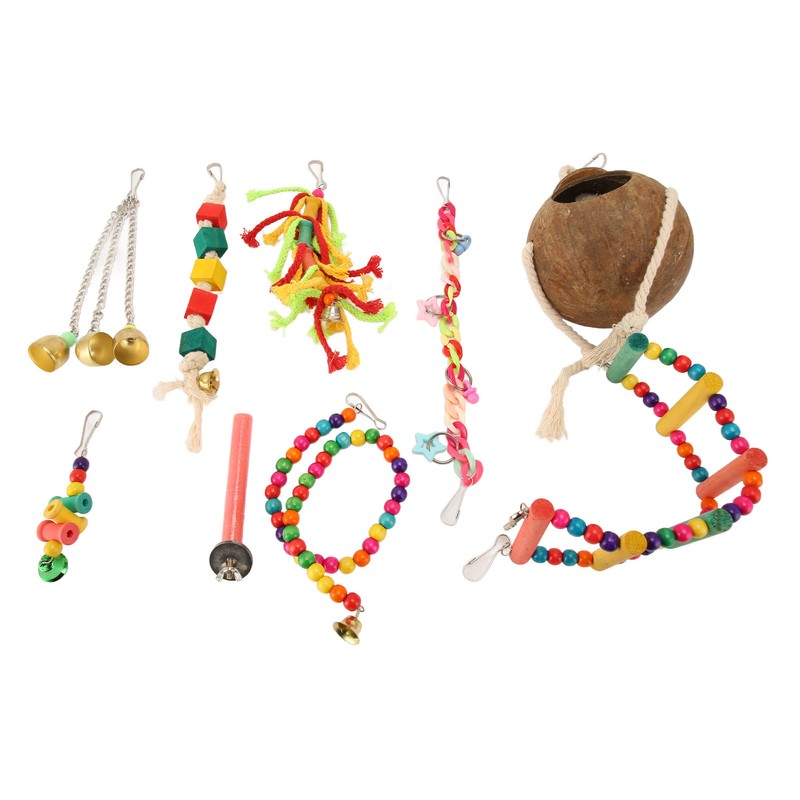 8pcs Parrot Toys Adjustable Coconut Shell Ladder Hanging Toys Interactive