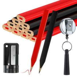 14 Pcs Carpenter Pencils, 7 Inches Flat Octagonal Hard Black Woodworking Construction Pencils Heavy Duty with Pencil Sharpener and Retractable Pull Pen Holder for Contractor Carpentry(Black, Red)