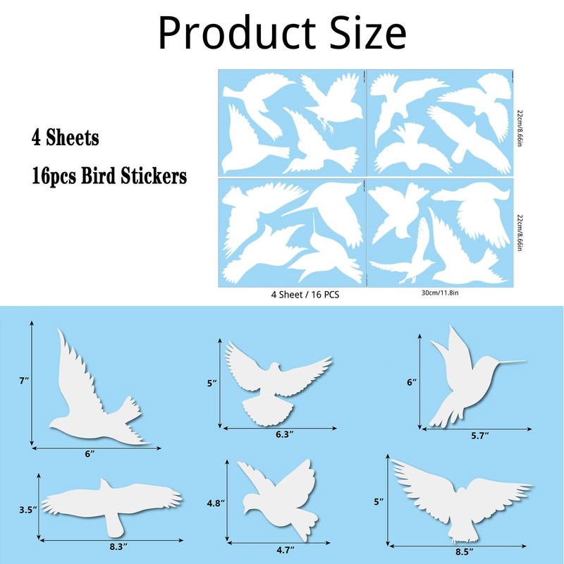 16Pcs Anti Collision Window Decals for Bird Strikes, UV Reflective