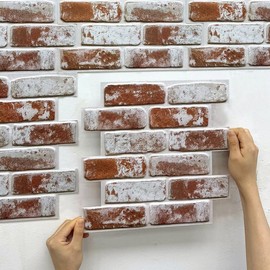 Commomy 10Pcs 3D Faux Brick Wall Panels 11.8"X11.8" Small Size PVC Peel and Stick Tiles Farmhouse DIY Backsplash for Fireplace, Bedroom, Living Room, Kitchen - style: Coffee Brown Whitewash Brick