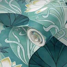 Peel & Stick Wallpaper 3ft x 2ft - Nouveau Art Dragonfly Watercolour Deco Teal Aqua Romantic Floral Vintage Inspired Watercolor Custom Removable Wallpaper by Spoonflower