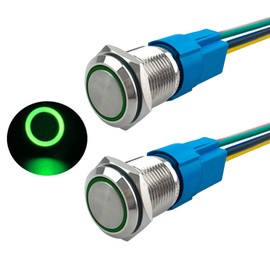 Aiqeer Pack of 2 16 mm Momentary Pressure Switch, 12 V/24 V 5 A Car Ignition Starter Switch, IP67 Waterproof Stainless Steel Pressure Switch, with Pre-Wired Socket (Green LED)