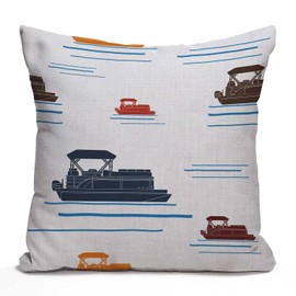 Nphuriy Boat Throw Pillow Cover,Pontoon Boat Lake Beach Canopy Dock Watercraft Blue Brown Decorative Pillowcase Cotton Linen Square Throw Pillow Case Home Couch Decor Cushion Cover 16x16 inch