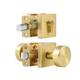 coolnews Gold Door Knob and Single Cylinder Deadbolt Set, Exterior Door Knobs with Lock and Deadbolt, Stain Brass Finish