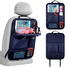 LUCMO Car Backseat Organizer with Tablet Holder,6 Storage Pockets Car Storage Organizer with Foldable Food Tray,Car Seat Back Protectors Kick Mats Travel Accessories-Dark Blue