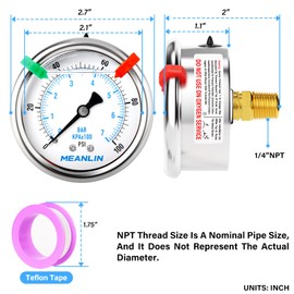 MEANLIN MEASURE 0~100Psi Liquid Filled Pressure Gauge 1/4" NPT 2.5" FACE DIAL Stainless Steel Glycerin Filled WOG Water Oil Air Back Mount (with 2PCS Snaps)