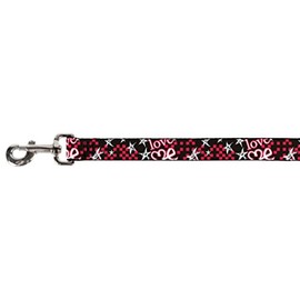 Buckle-Down Pet Leash - Love Me w/Sketch Stars & Checkers Black/Fuchsia/White - 6 Feet Long - 1" Wide
