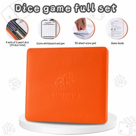 AUSIIBTO Dice Tray and Storage Case for Farkle Game - Includes Embedded Scoring Combinations, 4 Sets of 6 Pearl Dice, 50 Sheet Score Pad and Pen Holder for The Classic Family Game - Orange red