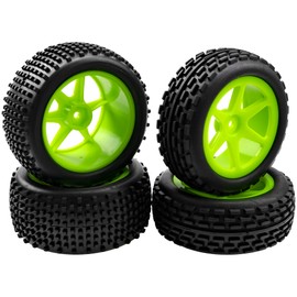 4Pcs HIRCQOO OD 88mm/3.46" Front Rear Rubber Tire Tyre & Plastic Wheel Rims 12mm Hex Compatible with Redcat Shockwave HPI HSP ExceedRC Kyosho 1/10 Scale Off Road Buggy (Green)