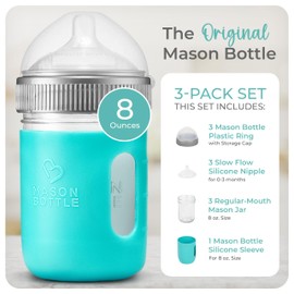 Mason Bottle Baby Glass Bottles Gift Set - Includes 3X Anti Colic Glass Baby Bottle 8 oz, 3X Slow Flow Nipple, 3X Cap+Ring, 1x Silicone Sleeve - BPA Free, Non Toxic Glass Feeding Bottles for Babies