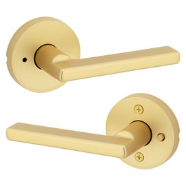 Kwikset Halifax Interior Privacy Door Handle with Lock, Door Lever for Bathroom and Bedroom, Satin Brass Reversible Keyless Push Button Lock Door Lever, with Microban Protection