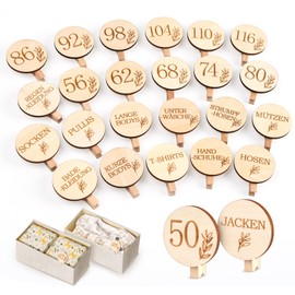 HOUISM Pack of 27 Size Dividers Baby Organiser Wooden - Size Clips (50-122) & Clothes Sorters with Engraved Clip | Sizes & Clothes Organiser for Baby Clothes Drawers & Changing Table