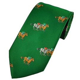 Farm Cottage Brands Green tie with bay and grey horses being ridden by their jockeys, great for race meetings and general wear (848)