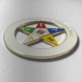 Generic Order of The Eastern Star (OES) Auto Emblem Five-Pointed Star Surrounding The Center Pentagon, White