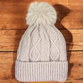 MIJOMA Cuddly soft chenille hat with faux fur pompom, knitted hat for cold winter days, bobble hat, warming accessory, beige