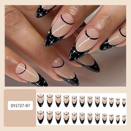 Black French Tip Press on Nails Almond Medium Fake Nails with Star Designs Glossy Full Cover Glue on Nails Cute French Manicure Acrylic Nails Press ons Medium Almond Stick on Nails for Women
