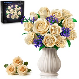 PLAXSOON Flowers Bouquet Building Set with Lights, Mother's Day 16 Champagne White Roses Botanical Collection Building Blocks for Adults Girl,523PCS Artificial Flower Birthday Gift for Her Home Decor