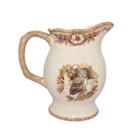 Generic Beautiful Owl in Birch Tree with Holly Leaves, Berries and Dogwood Flowers Water/Juice Serving Pitcher Woodland Collection, Off-White
