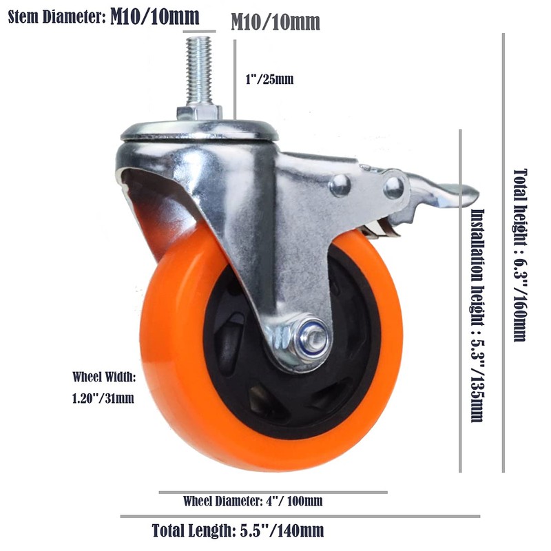 Heavy Duty Stem Caster Wheels M10-1.5X25mm Dual Locking No Noise