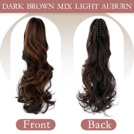 FELENDY Ponytail Extension Claw 18" Dark Brown Mix Light Auburn Curly Wavy Clip in Hairpiece One Piece A Jaw Long Pony Tails Hair Extensions for Women