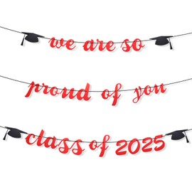 3pcs 2025 Graduation Banner, Glitter Graduation Decorations We are So Proud of You Class of 2025 Congrats Grad Sign Garland Backdrop for High School College Party Supplies (Red)