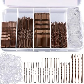 Kit de Pinzas para Cabello, 300 Piezas con Pasadores y Horquillas, Café | Pasadores para cabello mujer café, pinzas grandes, pasadores en U y ligas transparentes para moños, recogidos y ballet