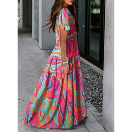 BLENCOT Women's Casual Boho Floral Printed Deep V Neck Summer Short Sleeve Long Evening Dress Ruched Cocktail Party Maxi Wedding Dress Multicolor Medium