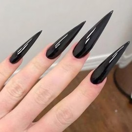 Black Press On Nails - LongMedium Length Almond False Nails Pure Black -Solid Colour Stiletto Fake Nails With Glue - Goth Full Cover Acrylic Stick On nails For Women Girls Daily DIY Nails Art Gift