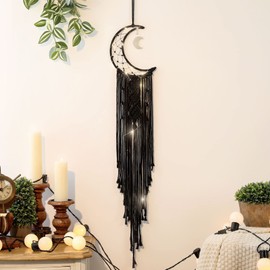 Black Macrame Moon Dream Catcher, Witchy Crescent Phase Woven Wall Hanging with Long Tassel, Handmade Unique Gothtic Bohemian Decor with Star Ornament Decoration for Home Bedroom (Black)