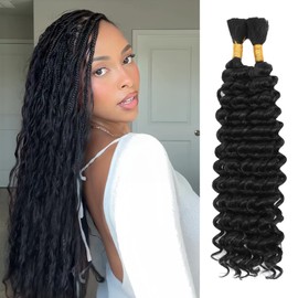 Human Braiding Hair Mix Synthetic Boho Hair for Braiding, 18 Inch Deep Wave Bulk for Boho Braids 2 Pcs Curly Bohemian Wet and Wavy Braiding Hair (1B, 18 Inch)