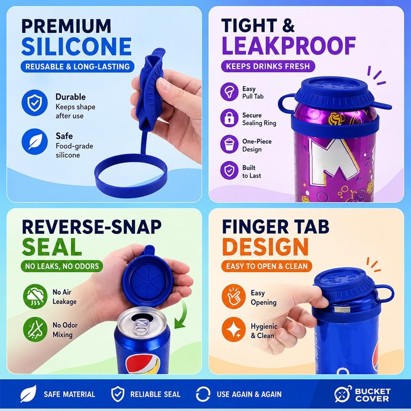 4 Pack 4 Colors Soda Can Lids, Reusable Silicone Airtight