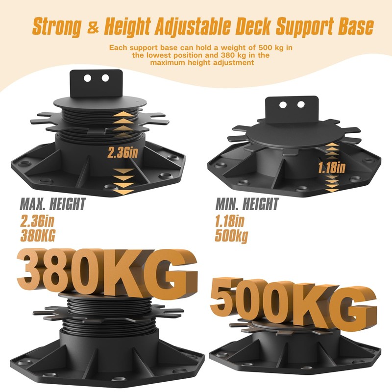 6-Pack Adjustable Deck Support Bases - Heavy Duty Waterproof Rust-Proof