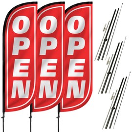LookOurWay Feather Flag Pole Kit 3-Pack Bundle - 7ft Tall Grand Opening Advertising Banners with Poles and Ground Spikes - Open Red & White