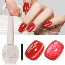 SUPWEE Red Cat Eye Gel Nail Polish, 15ML Magnetic Crystal Holographic Cateye Gel Polish Glitter Shimmer Reflective Nail Polish with Magnet Soak Off Salon DIY at Home