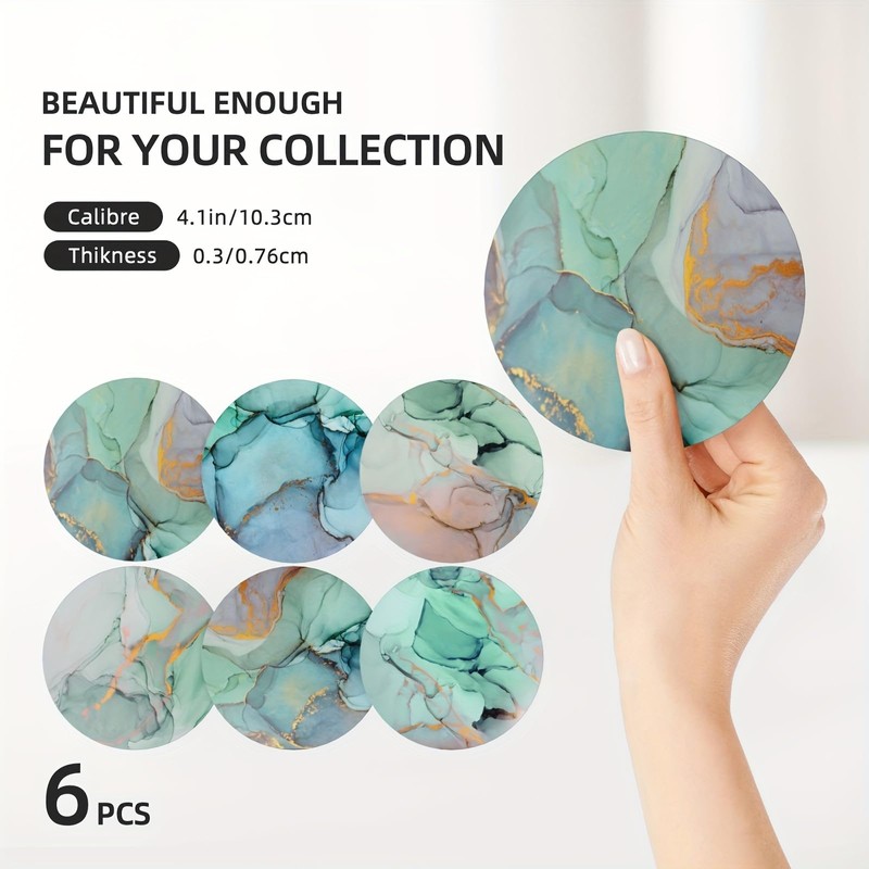 Vibiliyou Marble Green Pattern Coasters for Drinks with Holder Set